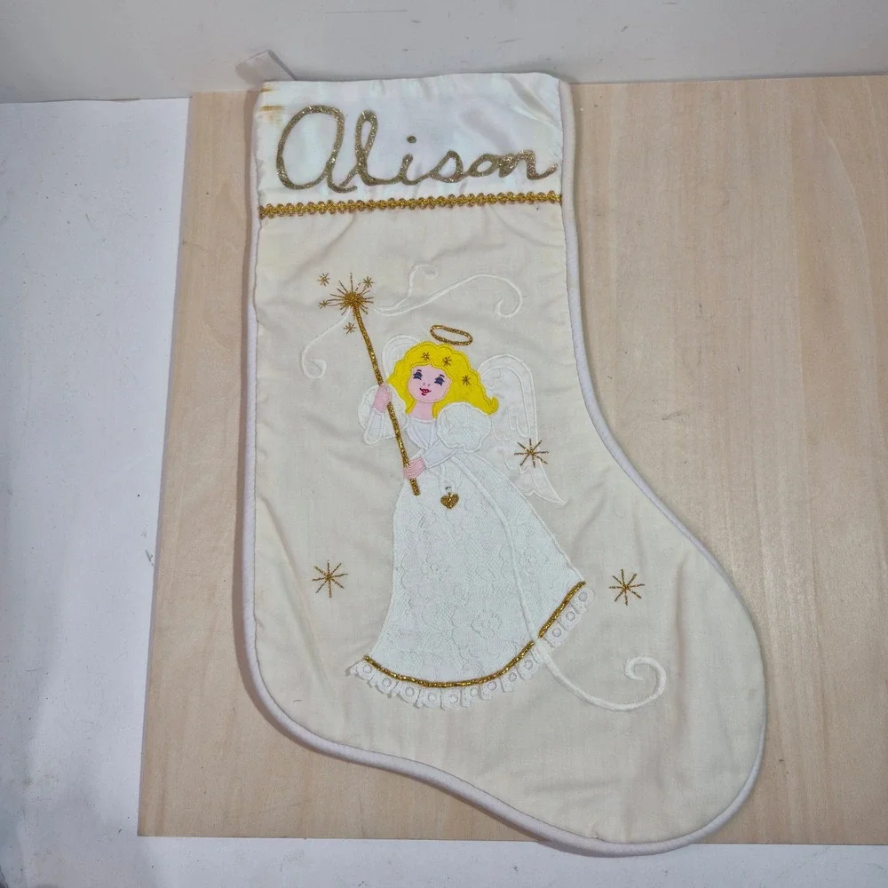 Vintage Silvestri Christmas Stocking Angel‎ Lace Gold Trim Alison Personalized